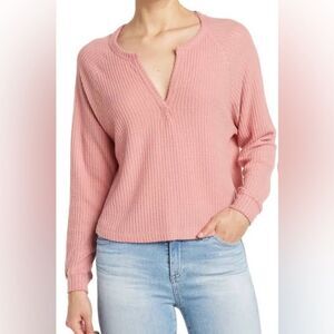 Abound Women Waffle Knit Long Sleeve Notch Neck Henley Shirt Pink Compact Sz: 2X
